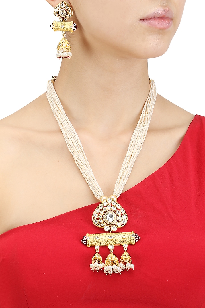 Gold Finish Kundan Stone and Pearl Multiple String Necklace Set by Chhavi's Jewels
