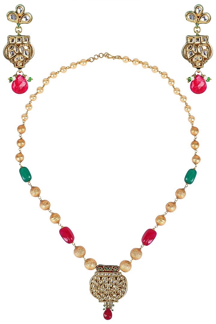 Chhavi's Jewel presents Gold finish kundan stone pendant pearl string necklace set available only at Pernia's Pop Up Shop.