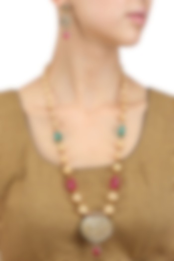 Chhavi's Jewel presents Gold finish kundan stone pendant pearl string necklace set available only at Pernia's Pop Up Shop.
