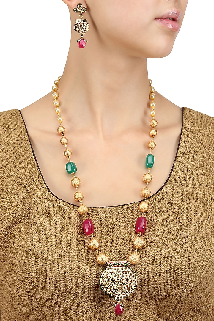 Gold Finish Kundan Stone Pendant Pearl String Necklace Set by Chhavi's Jewels
