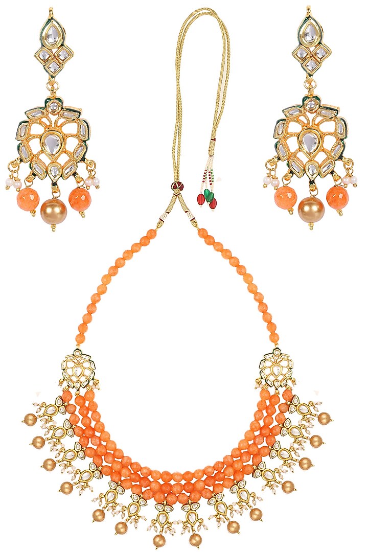 Chhavi's Jewel presents Gold finish kundan stone orange beads multiple string necklace set available only at Pernia's Pop Up Shop.