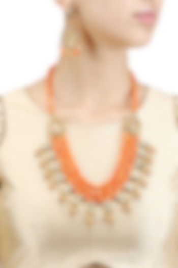 Gold Finish Kundan Stone Orange Beads Multiple String Necklace Set by Chhavi's Jewels