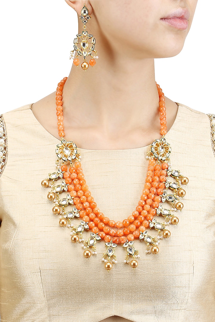 Gold Finish Kundan Stone Orange Beads Multiple String Necklace Set by Chhavi's Jewels