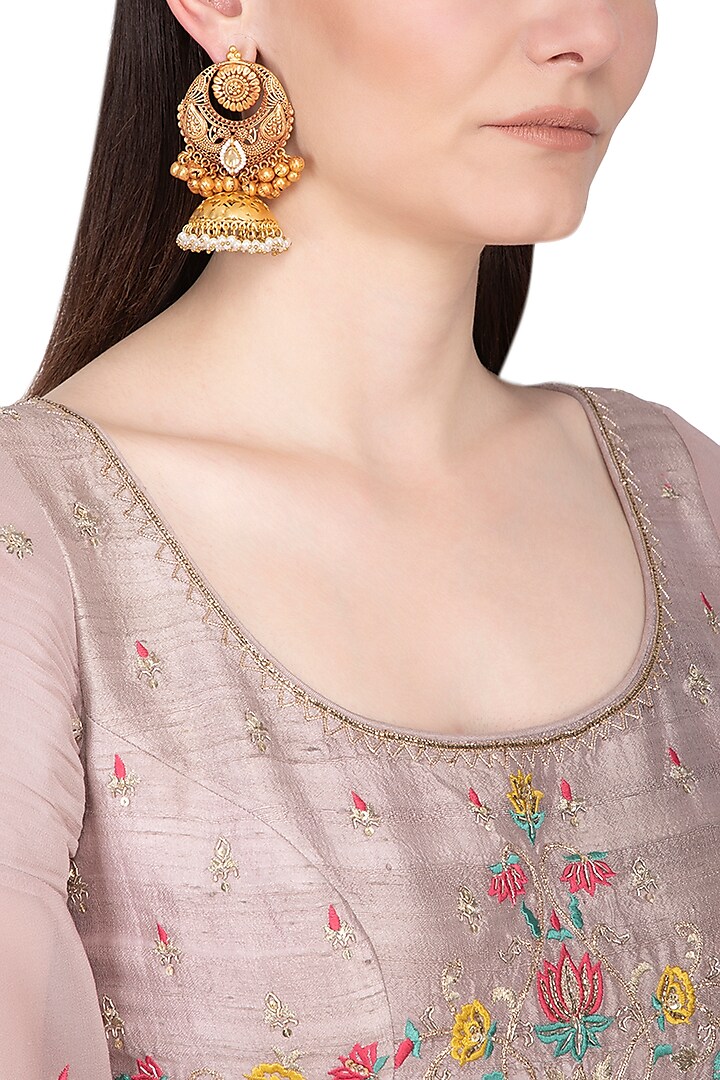 Gold Plated Pearl Hanging Earrings by Chhavi's Jewels