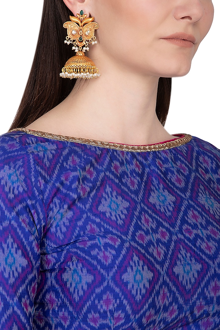 Gold Plated Pearl & Green Stone Earrings by Chhavi's Jewels