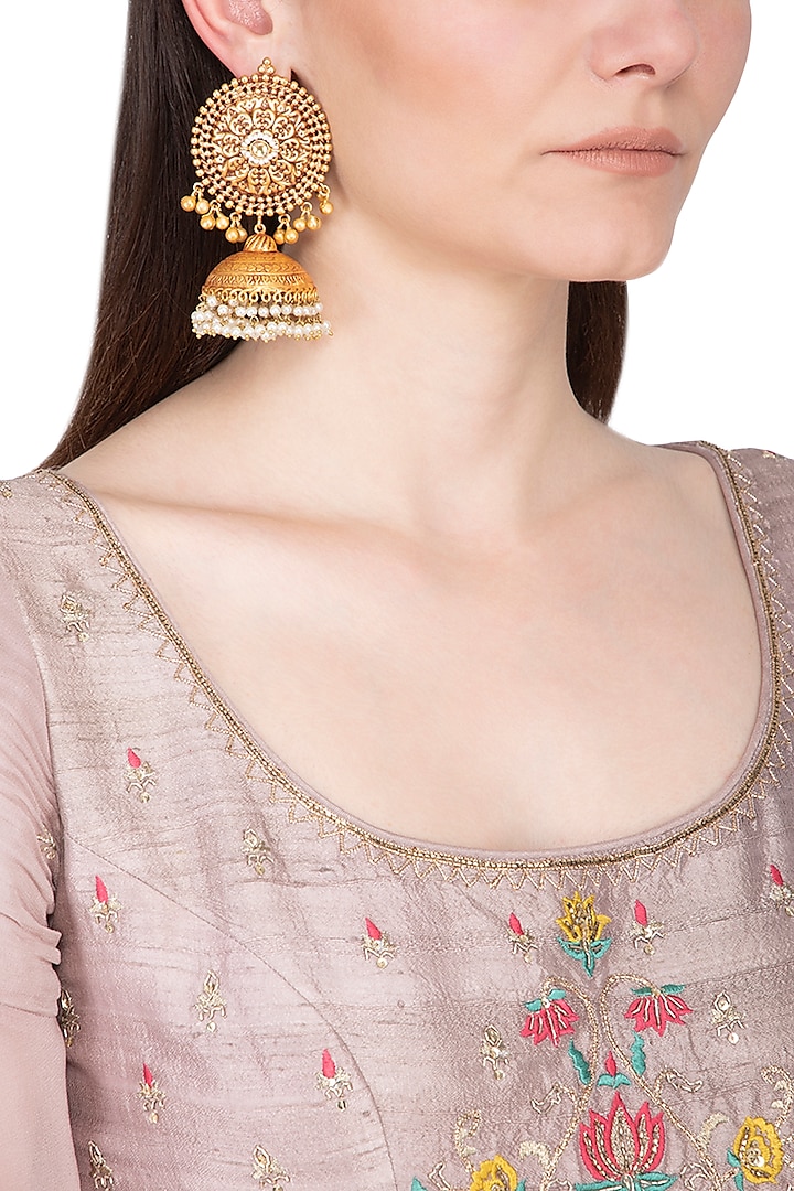 Gold Plated Pearl Hanging Jhumka Earrings by Chhavi's Jewels