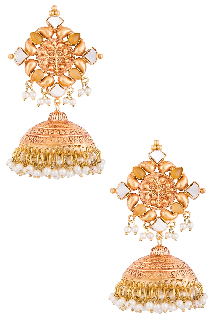 Gold Plated Pearl Hanging Long Jhumka Earrings by Chhavi's Jewels at Pernia's Pop Up Shop