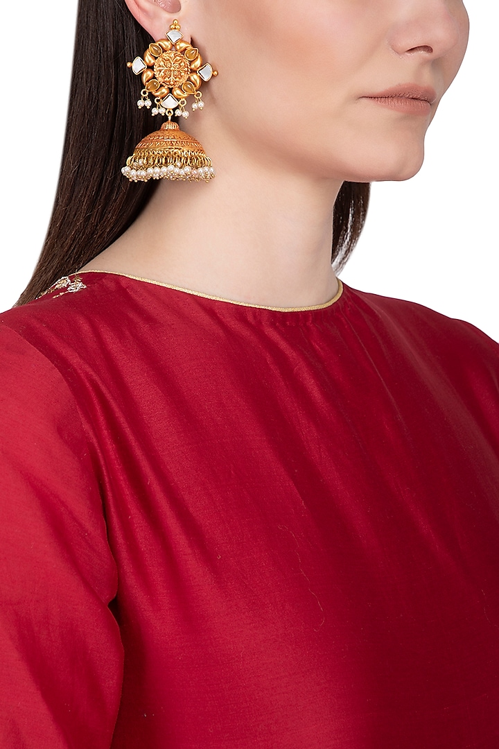 Gold Plated Pearl Hanging Long Jhumka Earrings by Chhavi's Jewels