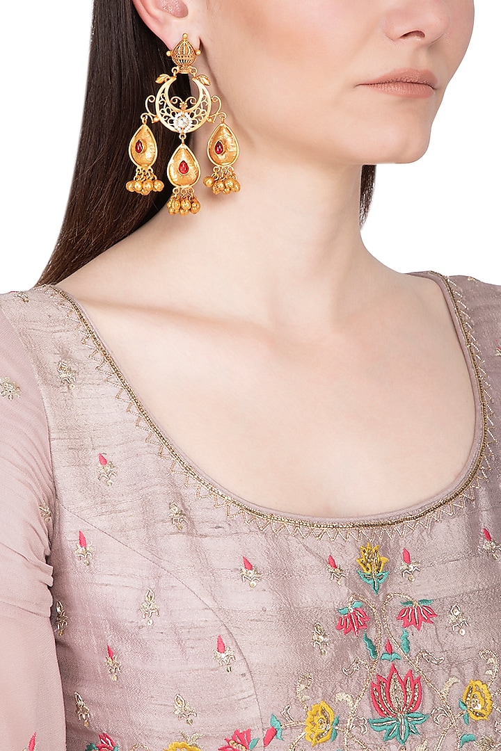 Gold Plated Red Stone Long Earrings by Chhavi's Jewels