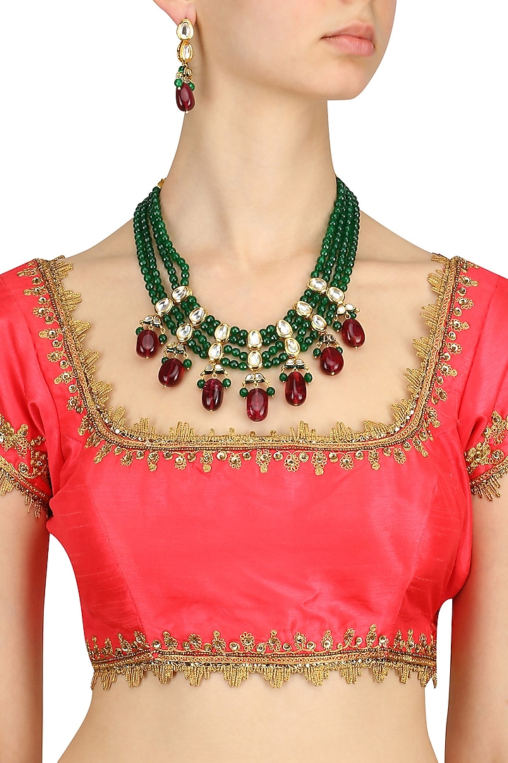 Emerald and Ruby Stone Multi String Necklace Set by Chhavi's Jewels
