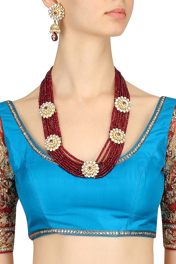 Ruby Beads and Kundan Stone Floral Necklace Set by Chhavi's Jewels