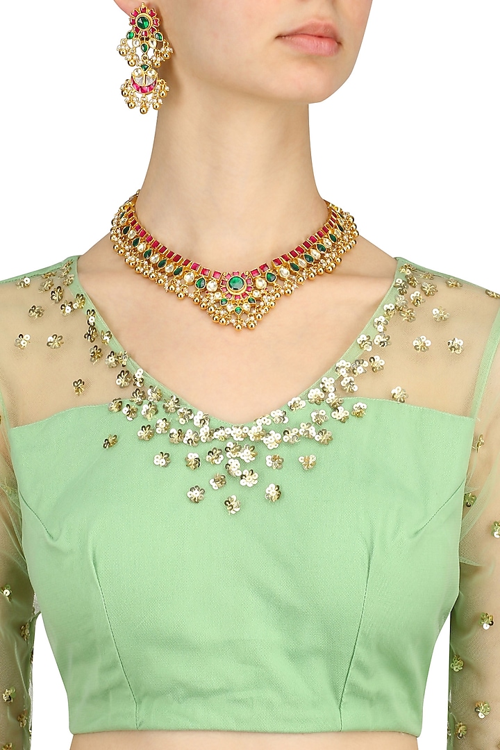 Gold Finish Kundan, Emerald and Ruby Stone Necklace Set by Chhavi's Jewels