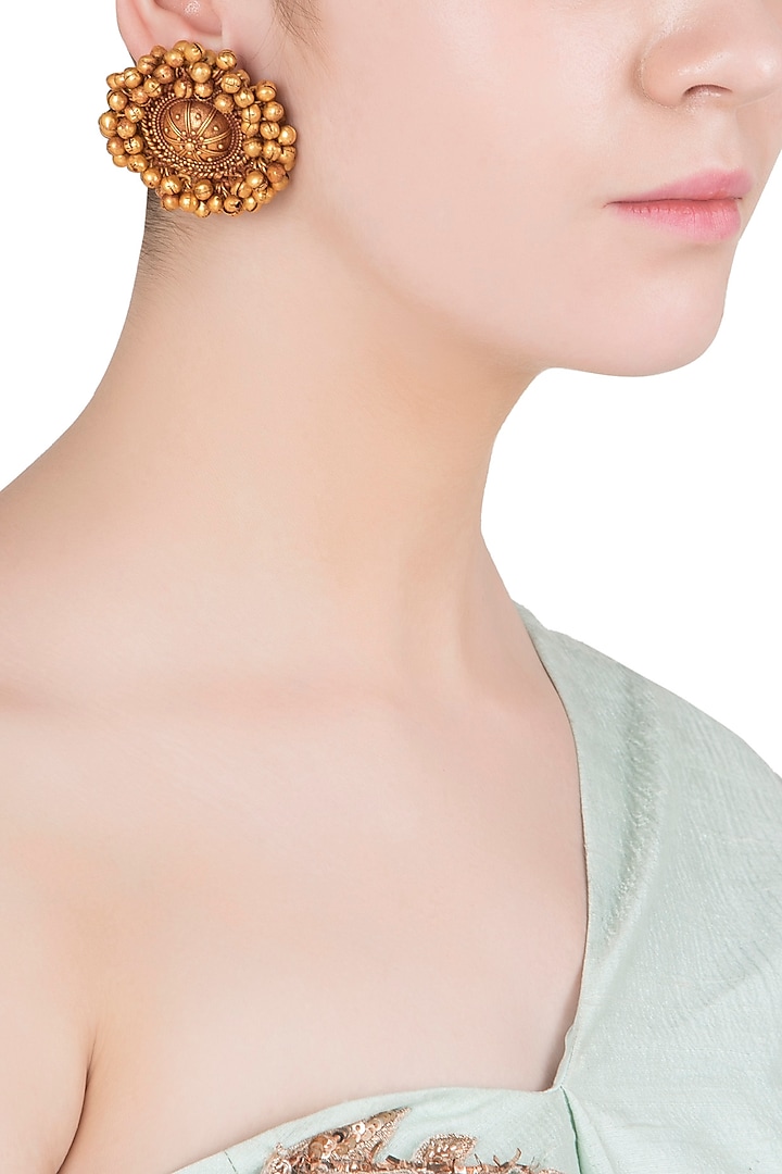 Gold Finish Textured Beads Stud Earrings by Chhavi's Jewels
