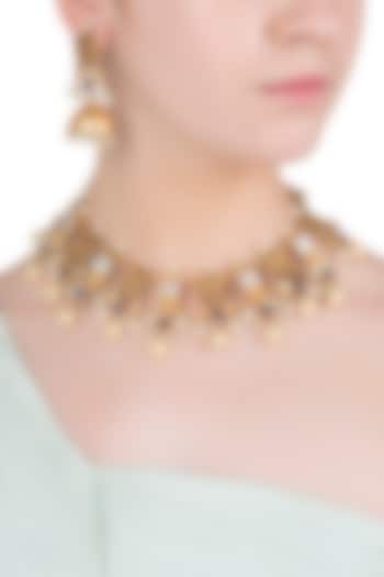 Gold finish textured stones and pearls necklace set available only at Pernia's Pop Up Shop.