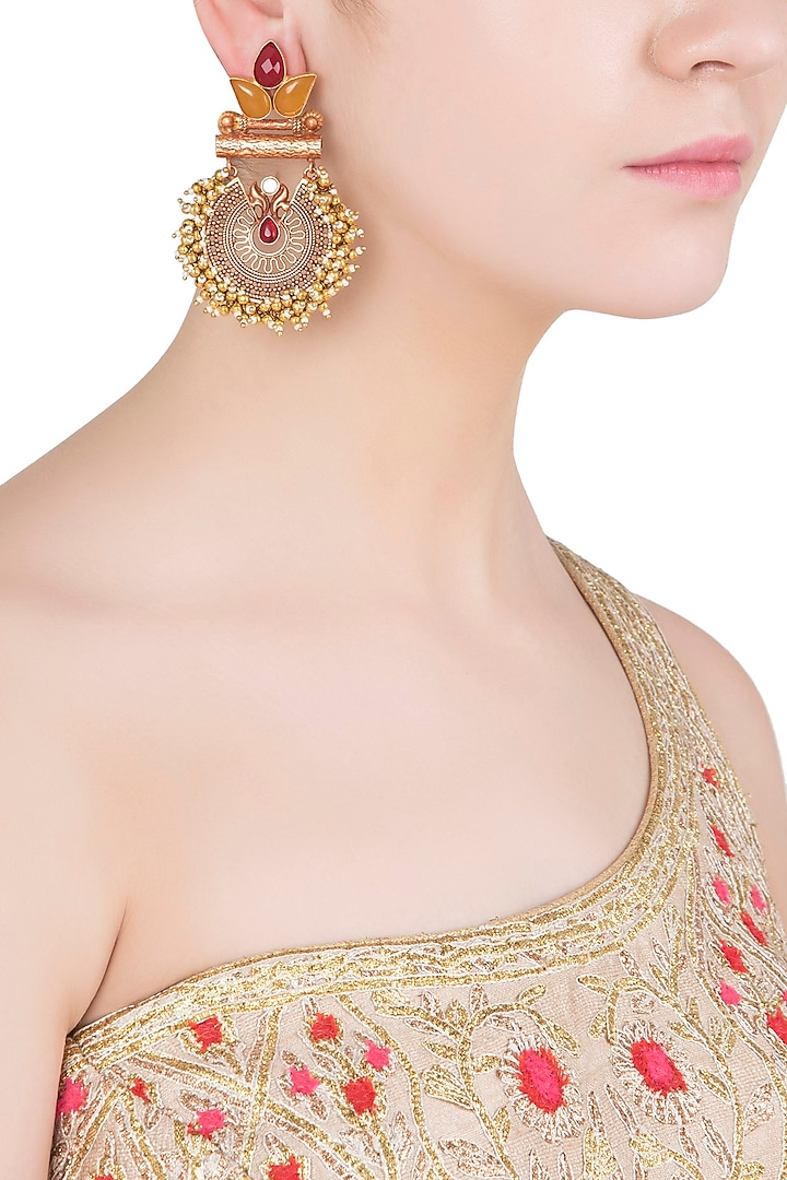 Gold Finish Textured Leaf Pattern and Beads Earrings by Chhavi's Jewels
