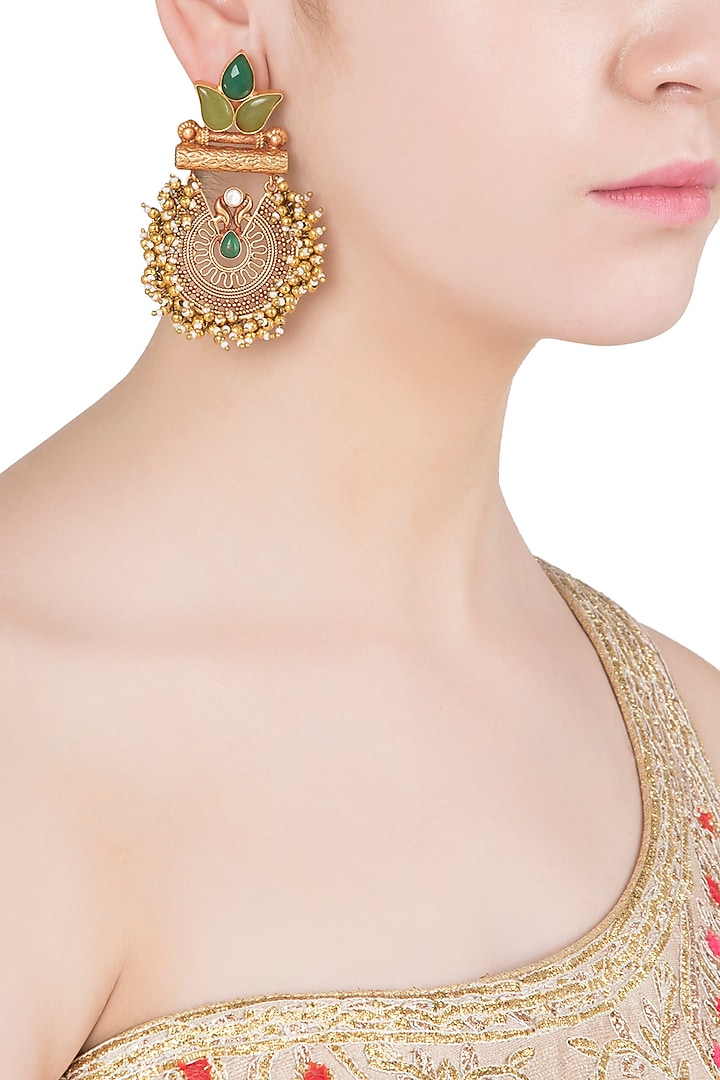 Gold Finish Textured Leaf Pattern, Green Stones and Beads Earrings by Chhavi's Jewels