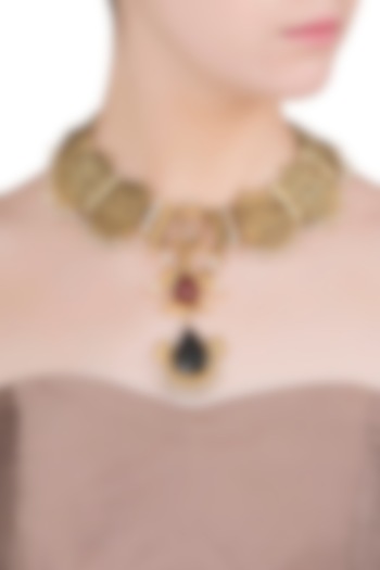 Gold Finish Stones and Pearls Textured Necklace by Chhavi's Jewels