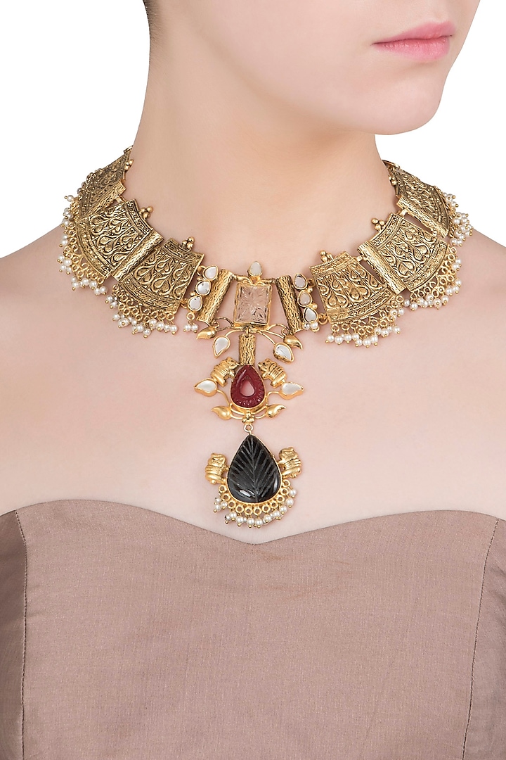 Gold Finish Stones and Pearls Textured Necklace by Chhavi's Jewels