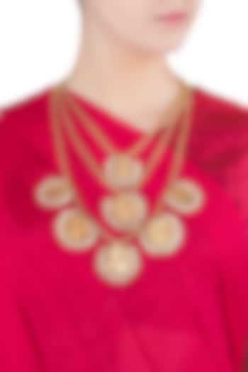 Gold Finish Coin and Pearls Multiple Line Necklace by Chhavi's Jewels