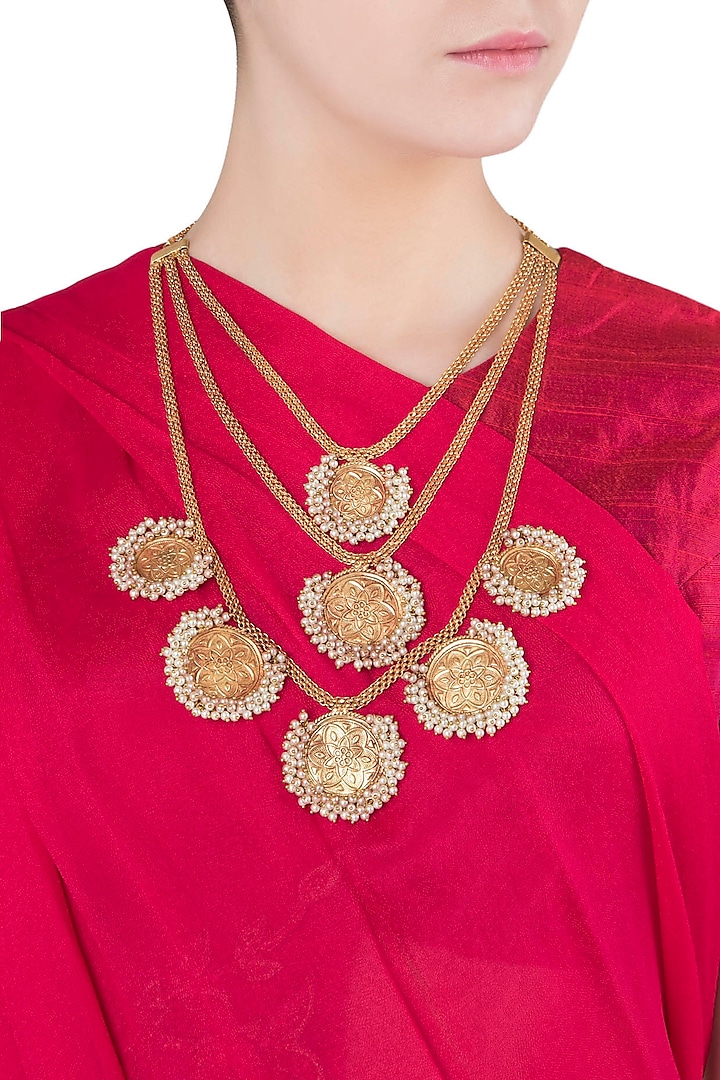 Gold Finish Coin and Pearls Multiple Line Necklace by Chhavi's Jewels