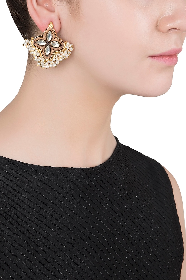 Gold Finish Textured Leaf and Pearl Stud Earrings by Chhavi's Jewels