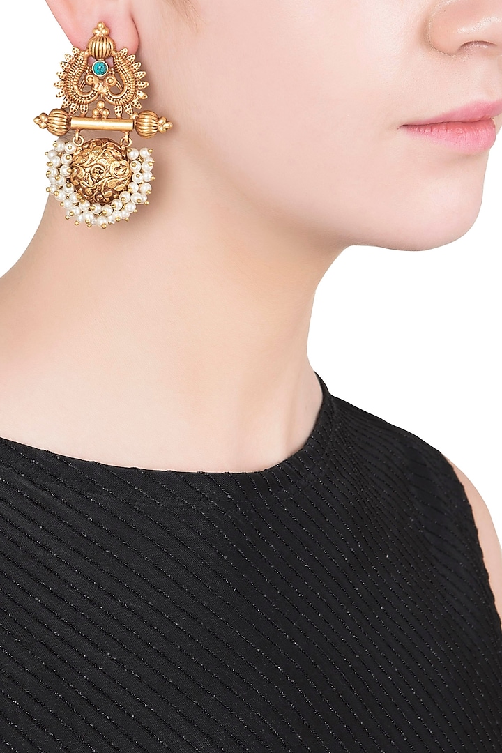 Gold Finish Textured Pearl Earrings by Chhavi's Jewels