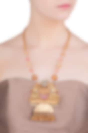 Gold Finish Textured Stone and Beads Pendant Necklace by Chhavi's Jewels