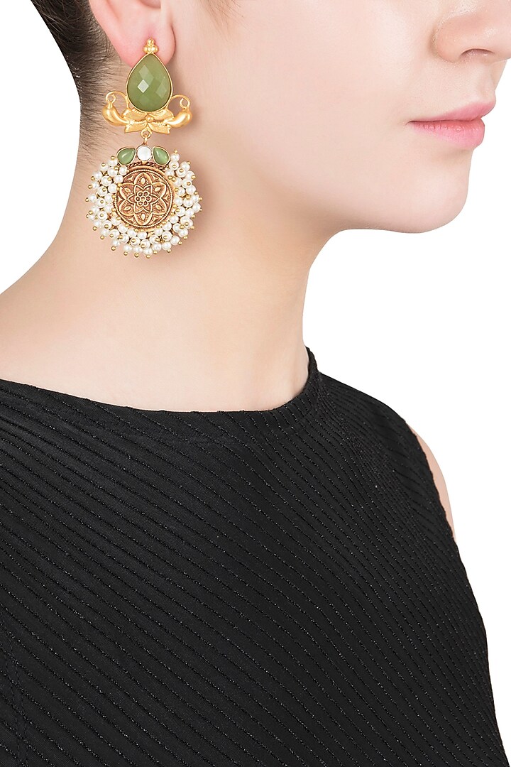 Gold Finish Textured Green Stone and Pearl Earrings by Chhavi's Jewels