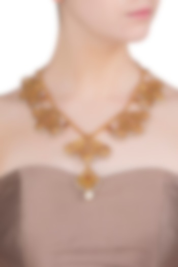 Gold Finish Red Stone and Pearls Textured Motif Necklace by Chhavi's Jewels
