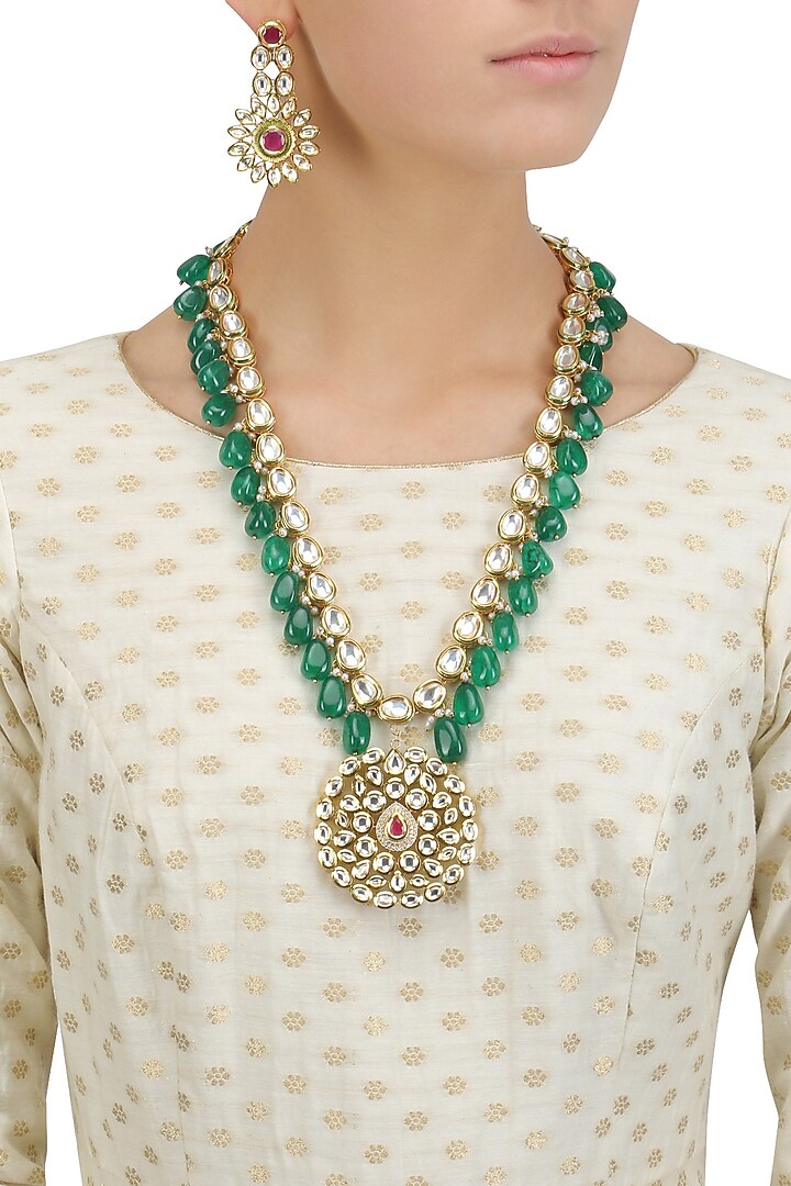 Gold Finish Kundan and Emerald Stone Necklace Set by Chhavi's Jewels