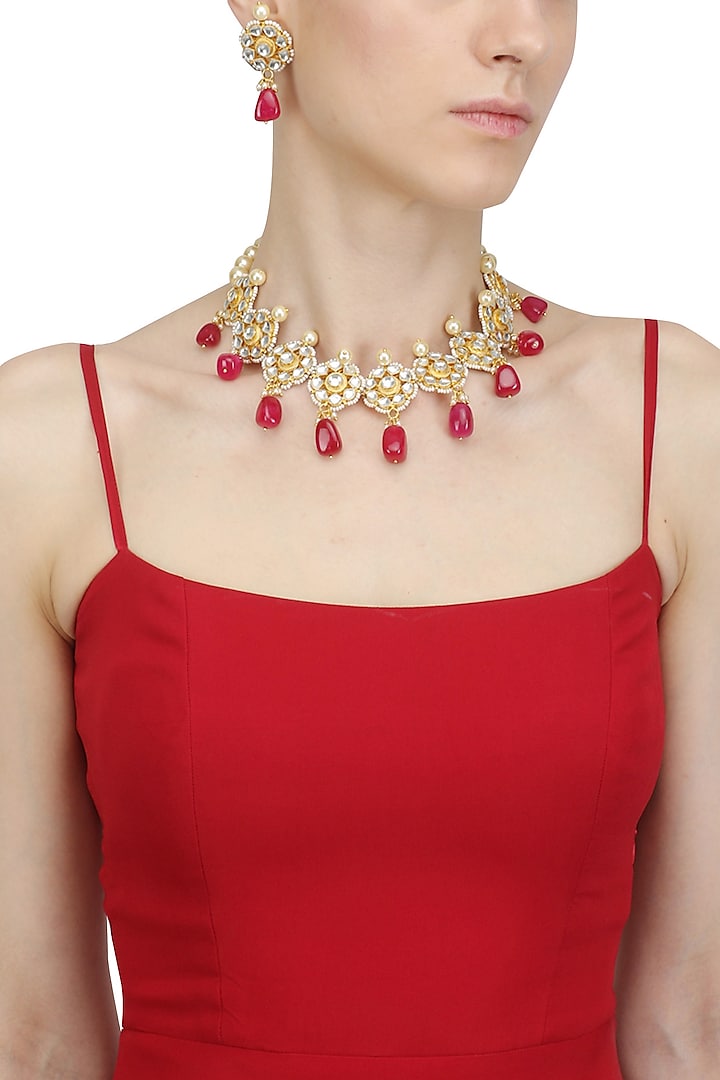 Gold Finish Kundan Stone and Red Stone Necklace Set by Chhavi's Jewels