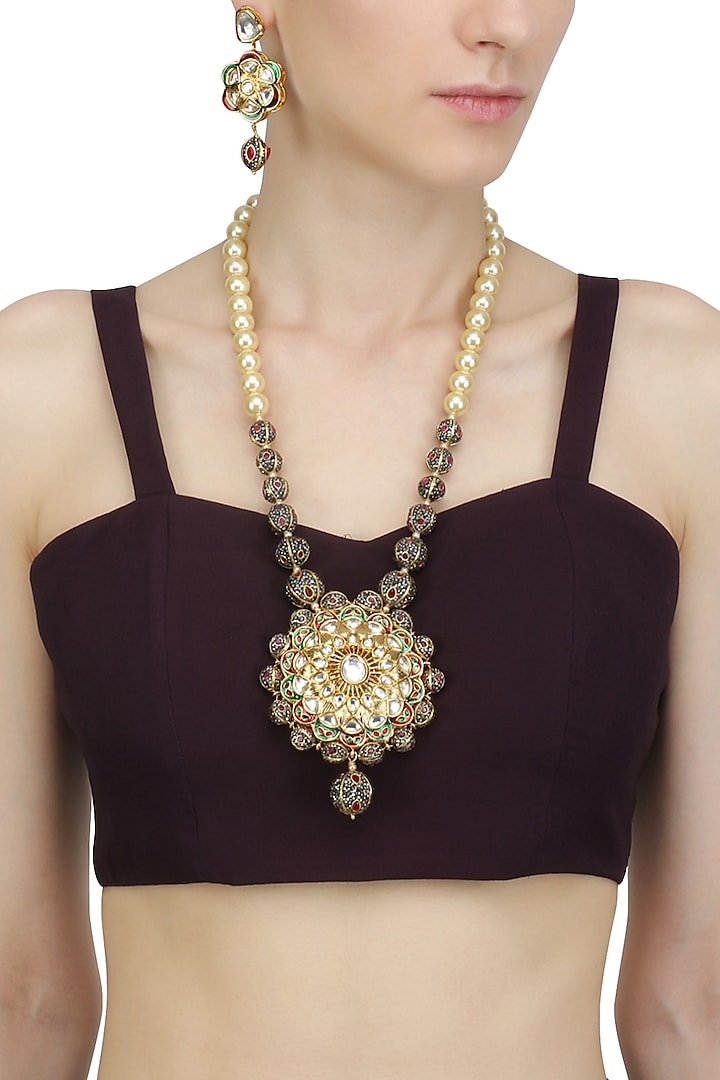 Gold Finish Pearl and Zirconia Stone Necklace Set by Chhavi's Jewels