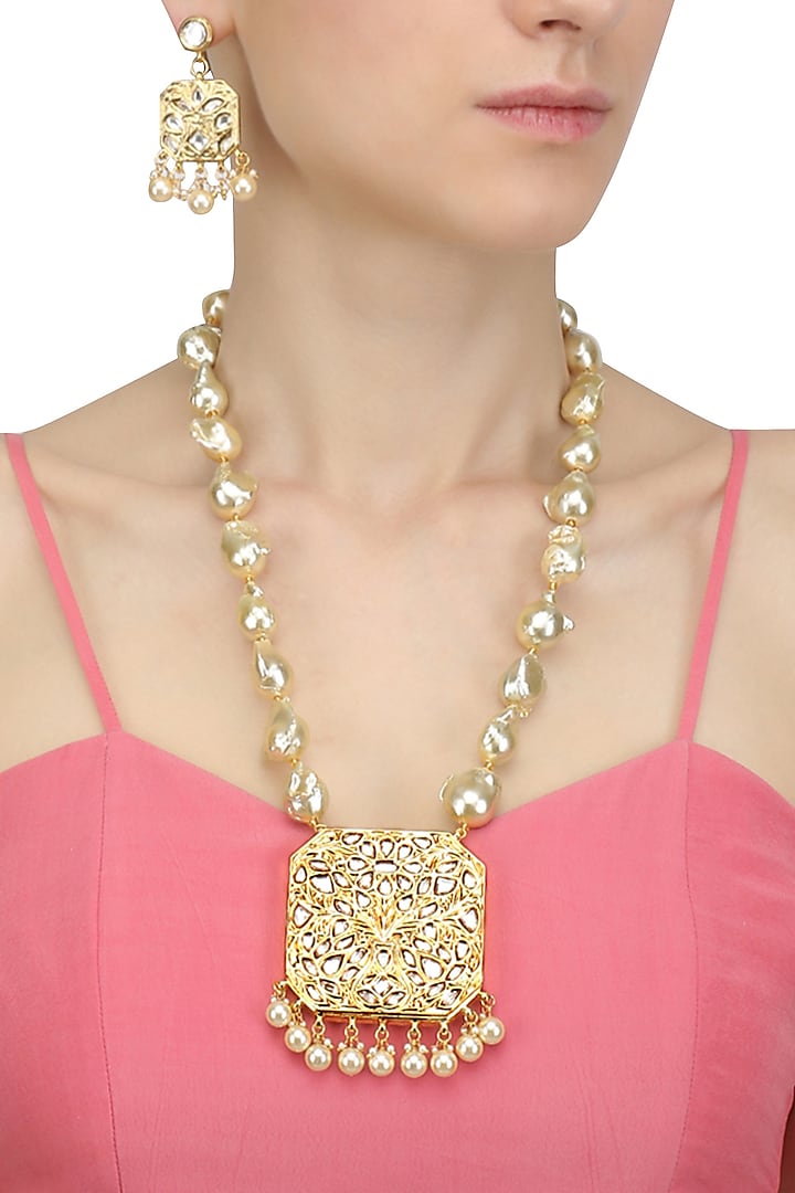 Gold Finish Beads, Kundan and Pearl Drops Necklace Set by Chhavi's Jewels