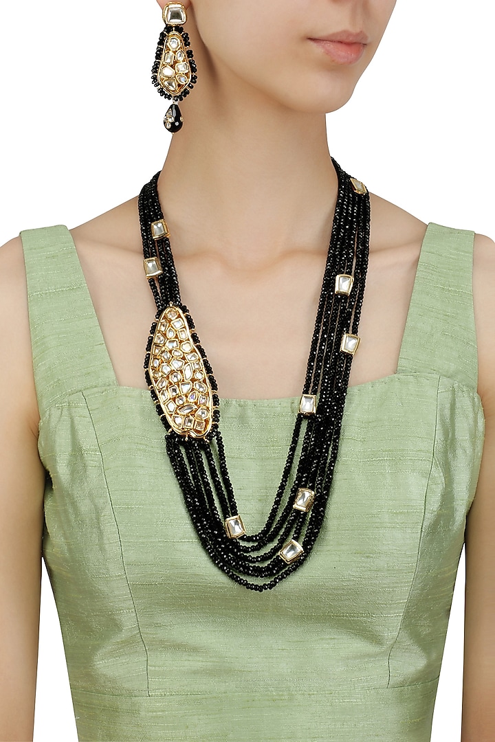 Black Beads Kundan Side Brooch String Necklace by Chhavi's Jewels