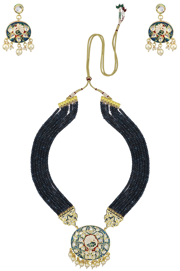 Gold finish enamel detail blue beads multiple string necklace set available only at Pernia's Pop Up Shop.