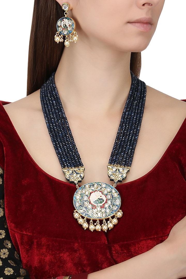 Gold Finish Enamel Detail Blue Beads Multiple String Necklace Set by Chhavi's Jewels