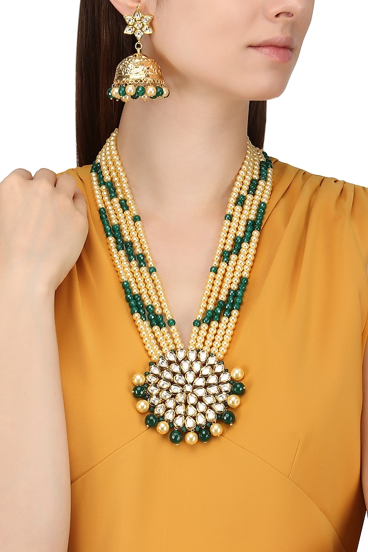 Gold Finish Kundan Stone and Green Multiple String Necklace Set by Chhavi's Jewels