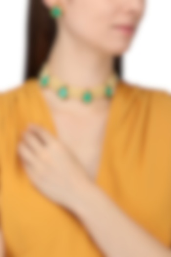 Gold Finish Emerald Green Stone Choker Necklace Set by Chhavi's Jewels