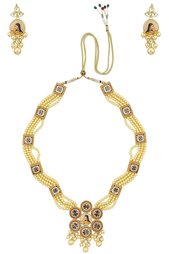 Gold finish floral enamel choker necklace set available only at Pernia's Pop Up Shop.