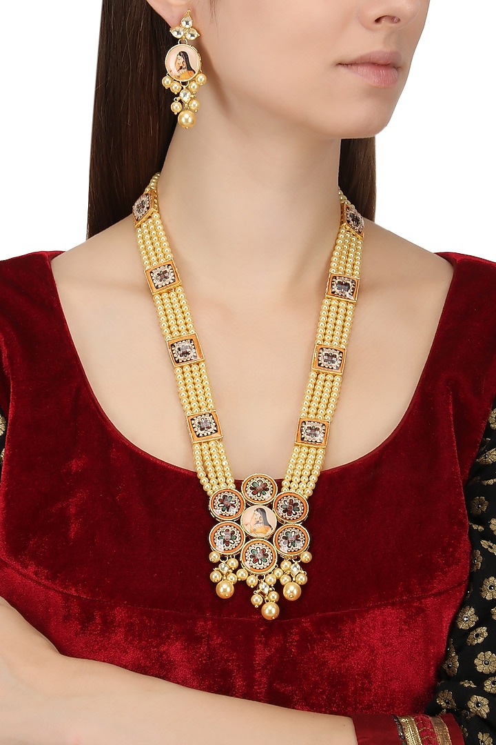 Gold finish floral enamel choker necklace set available only at Pernia's Pop Up Shop.