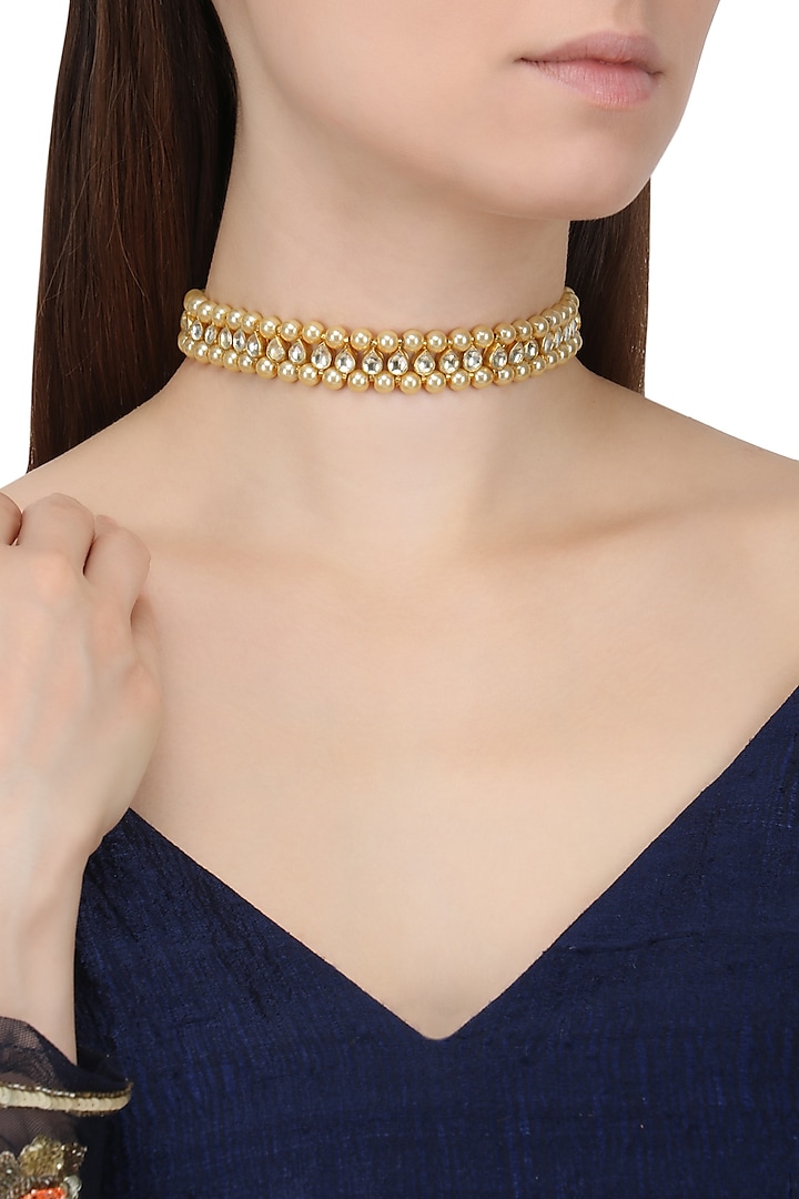 Gold Finish Kundan and Pearl Choker Necklace by Chhavi's Jewels
