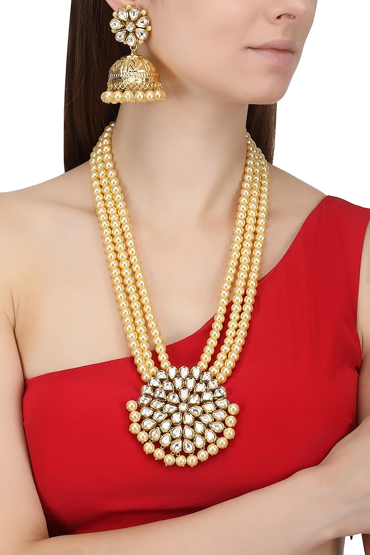 Gold Finish Kundan and Pearl Necklace Set by Chhavi's Jewels