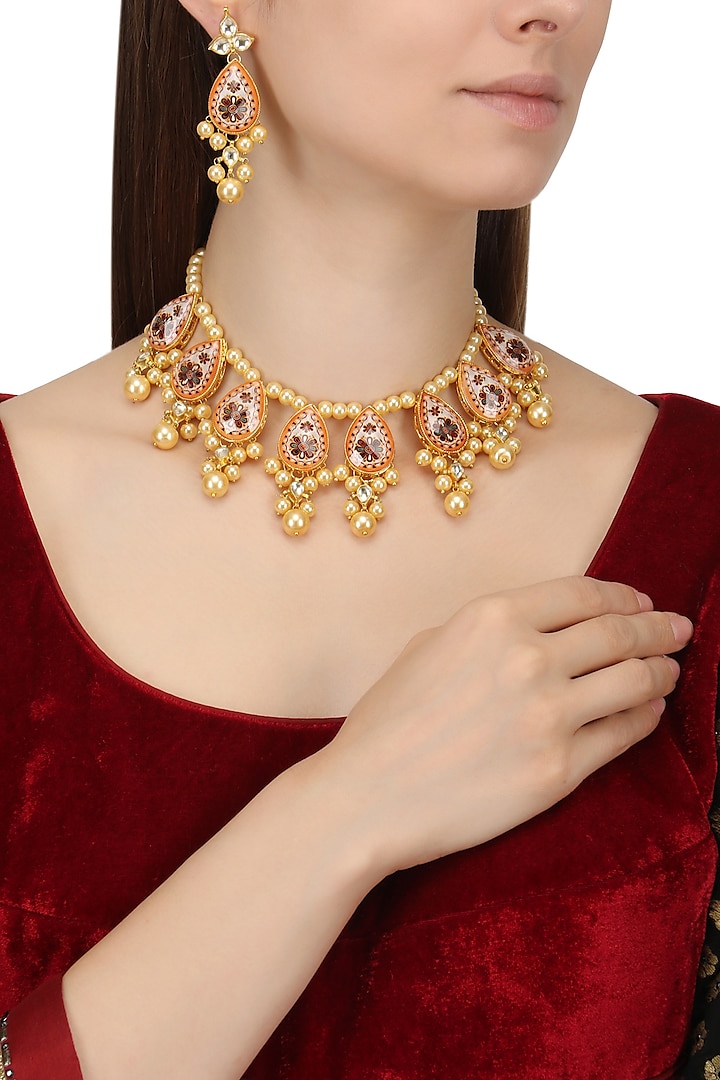 Gold Finish Enamel Detail and Pearl Necklace Set by Chhavi's Jewels