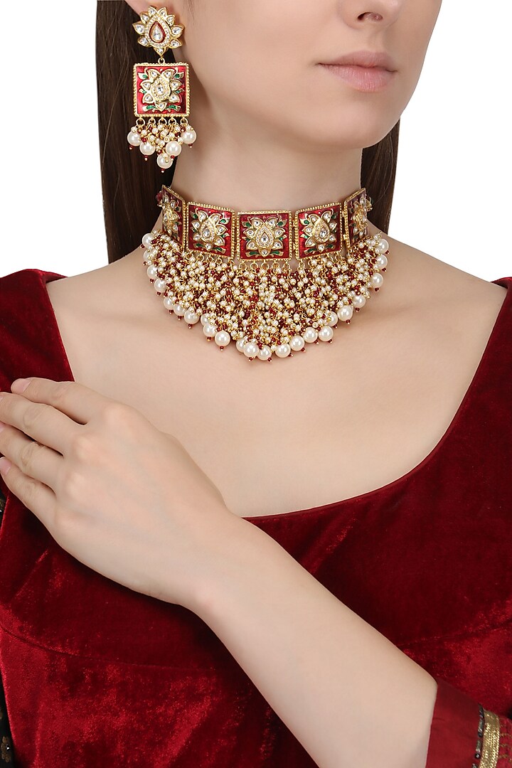 Gold Finish Enamel Detail Choker Necklace Set by Chhavi's Jewels
