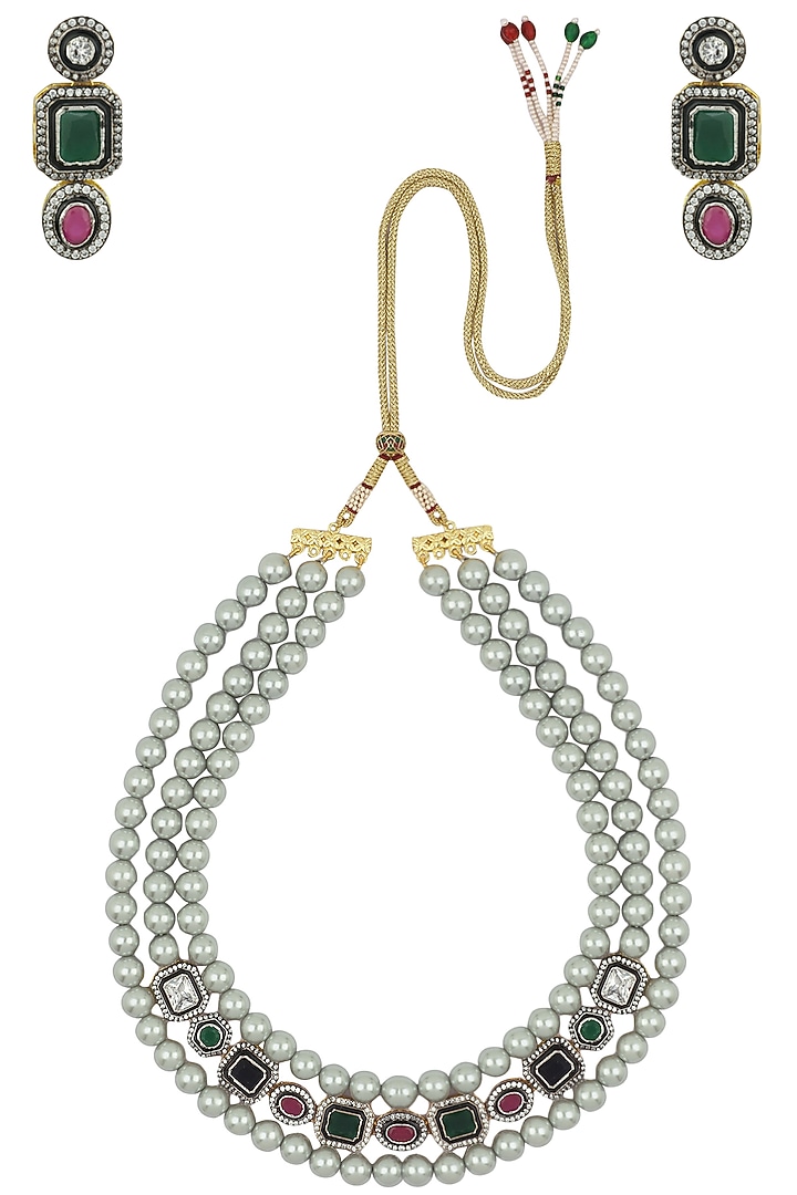 Gold finish pearl and semi precious stones necklace set available only at Pernia's Pop Up Shop.