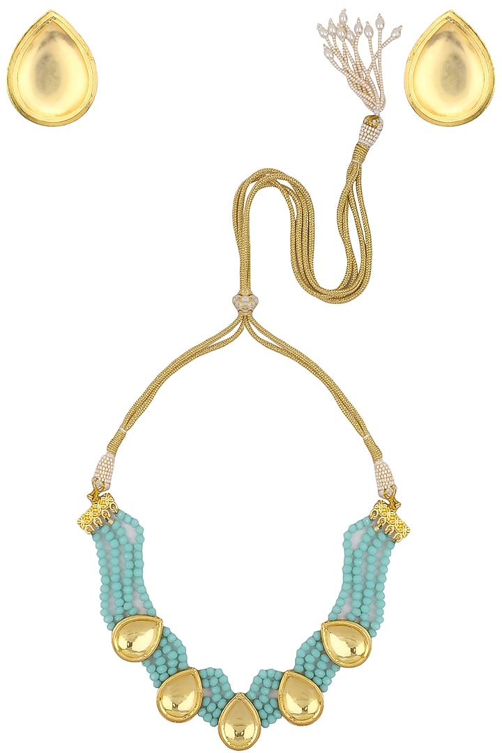 Gold finish stone and blue beads multiple strings necklace set available only at Pernia's Pop Up Shop.