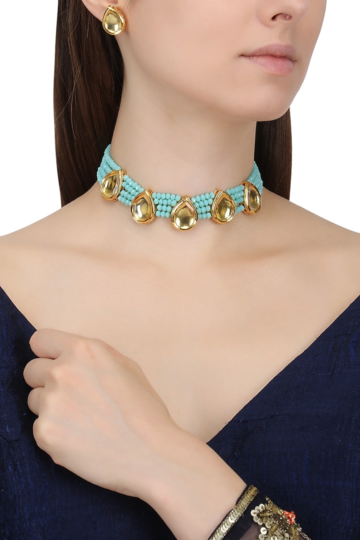 Gold Finish Stone and Blue Beads Multiple Strings Necklace Set by Chhavi's Jewels