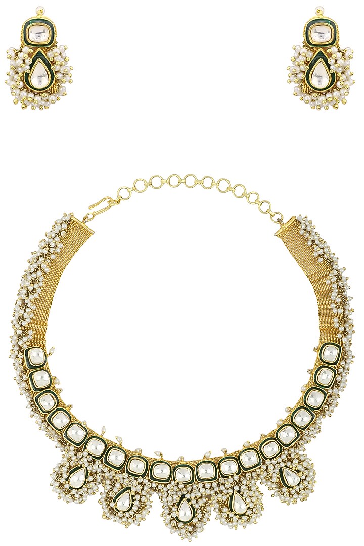 Gold finish textured kundan and pearl necklace set available only at Pernia's Pop Up Shop.