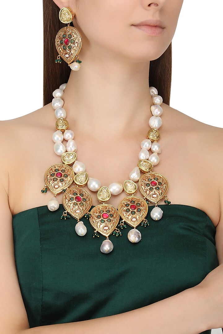 Gold Finish Textured Red and Green Stone Necklace Set by Chhavi's Jewels