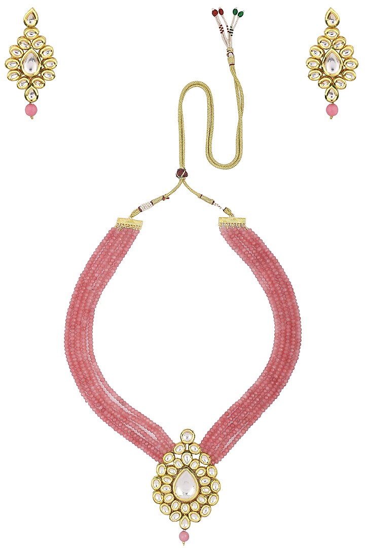 Gold finish kundan and pink multiple string beads necklace set